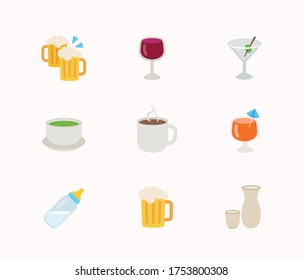 Set of Drink and Alcohol icons. Isolated wine, champagne, beer, whisky, cocktail, coffee, tea flat illustrations collection