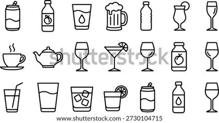 Set of drink and beverage line icons including coffee, juice, wine, and cocktails