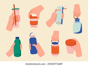 Conjunto de botellas de bebida y tazas con las manos. Un Paquete de 8 ilustraciones que muestran las manos sosteniendo varias botellas y tazas de bebidas, incluidas botellas térmicas, tazas plegables y tazas reutilizables