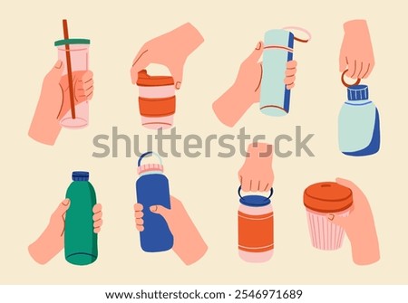 Set of Drink Bottles and Cups with Hands. A bundle of 8 illustrations showing hands holding various drink bottles and cups, including thermal bottles, foldable cups, and reusable mugs