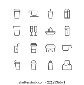 Set of drink and cup icons, cocktail, beverage, glass, coffee, alcohol, juice, tea and linear variety vectors.
