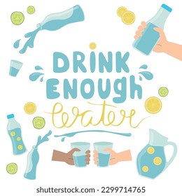Set drink enough water. Cute funny hand drawn water elements in glass and bottle, healthy rituals drink more water vector illustration set with lettering. Water with cucumber, lemon.