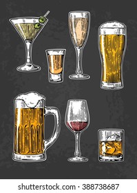 Set drink glass for beer, whiskey, wine, tequila, cognac, champagne, brandy, cocktails, liquor. Vector engraved illustration isolated on dark vintage background. For poster, web and party.