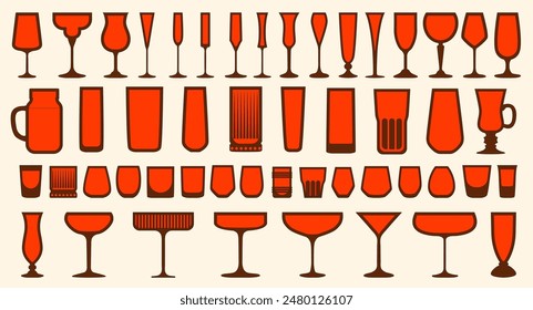 Set of drink glass icons. Vector silhouette illustrations, editable stroke, flat design. Glass for wine, juice, cocktail, champagne, margarita. Alcoholic and non-alcoholic beveridge glass