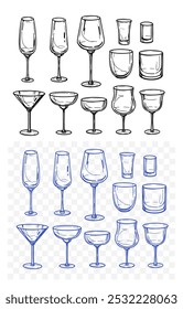 Set of drink glasses, cocktails, wine, champagne, shots, vector outline, hand drawn