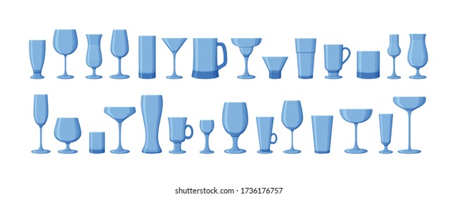 Set of drink glasses for wine, martini, champagne, beer and other
