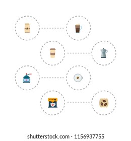 Set of drink icons flat style symbols with percolator, mocha grinder, cappuccino to go and other icons for your web mobile app logo design.