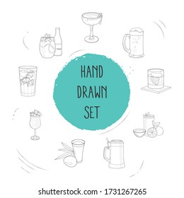 Set of drink icons line style symbols with beer steins, lemonade, strawberry colada and other icons for your web mobile app logo design.