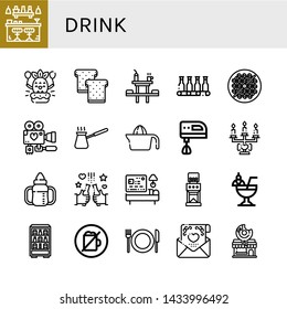 Set of drink icons such as Bar, Birthday, Toast, Dinner table, Bottle, Bean toasting, Wedding day, Cezve, Juicer, Electric mixer, Wedding, Sippy cup, Beer, Hotel, Coffee grinder , drink