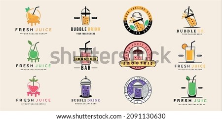 set of drink juice and bubble tea logo vector illustration template icon graphic design. bundle collection of various beverage smoothie fruit boba for cafe or bar business concept