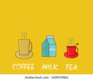 Set of drink: A mug of hot coffee, a cup of hot tea, a carton of fresh milk on yellow background. Cartoon vector design.