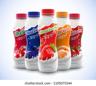 Set Of Drink Nonfat Yogurt Bottle With Fruit And Berry Flavor, Including Strawberry, Blueberry, Cranberry, Cherry And Apricot Taste Commercial Vector Advertising Mock-up 