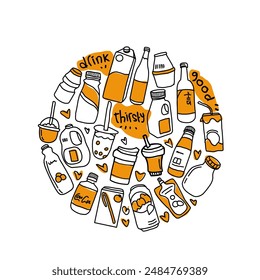 Set of drink packaging and shape drawing art doodle icon