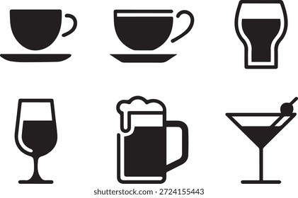 Set of drink silhouettes, isolated on a white background, perfect for beverages, bar menus, cafes, restaurants, parties, and food-themed design projects.