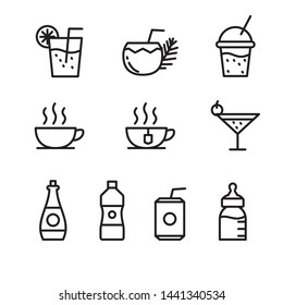 Set of drink vector illustration with simple thin line design such as juice, coffee, tea, soda etc suitable for icon or doodle 