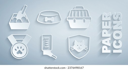 Set Drinker para mascotas pequeñas, estuche para llevar de mascotas, símbolo de premio, seguro de salud animal, perro de gato para el intestino de comida y bandeja para desperdicios de gato con icono de pala. Vector