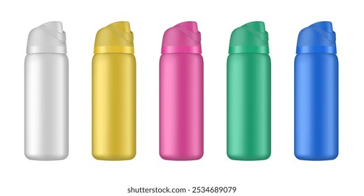 Set of drinking bottles. 3d mockup of a travel tumbler. Set of white, yellow, pink, blue and green water bottles. Thermos template. Bicycle sport container	