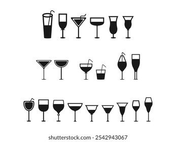 Conjunto de iconos de vasos de beber dibujados a mano en Vector de silueta. Esquema de copas de cóctel, cóctel, jugo, vino y bebidas. Perfecto para las vibraciones de verano, Diseños refrescantes creados con Adobe Illustrator.