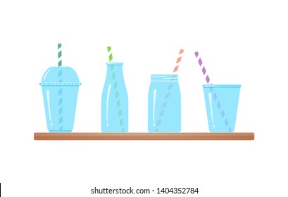 Set of drinking glasses isolated vector illustration. Transparent drinking glass and jar, bottle and plastic glass fro fresh beverages, smoothies or ice cream with colorful striped straw at wooden bar