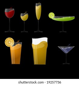 Set of drinking glasses on black background