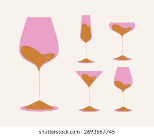 Conjunto de copas de vino de champán martini con Formas de arena de dibujo líquido con rosa y beige sobre fondo claro