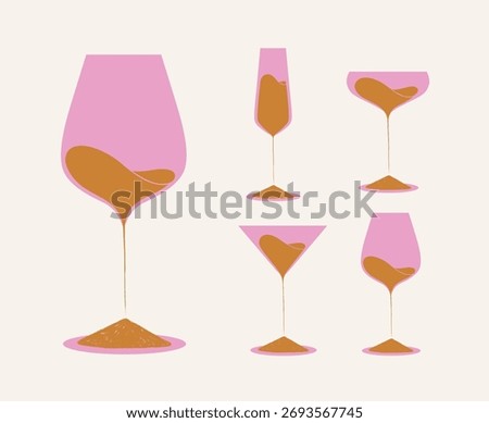 Set of drinking glasses wine champagne martini with sand shapes liquid drawing with pink and beige on light background
