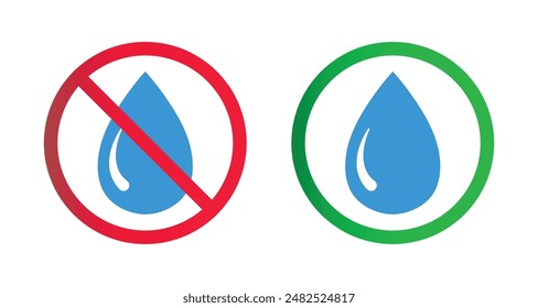 Set of drinking and non-drinking water icon. Water drops icon set. No water sign symbol. Water droplets icon collection in the red and green circle.