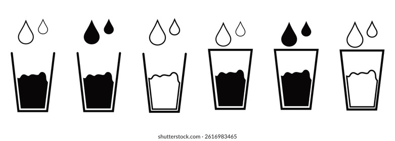 Set of  Drinking water drops glass icon set. Water glass or cup water icon. Glass of drink water symbol in the restaurant or cafe, vector illustration 