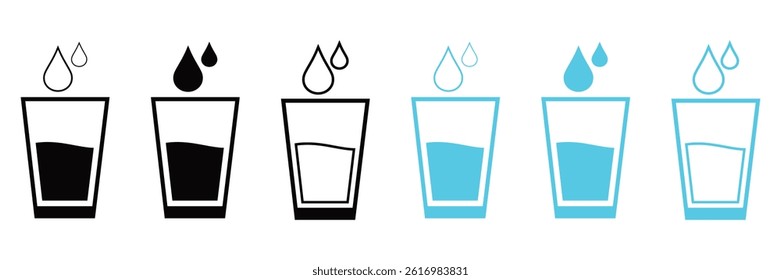 Set of  Drinking water drops glass icon set. Water glass or cup water icon. Glass of drink water symbol in the restaurant or cafe, vector illustration 