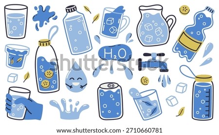 A set of drinking water, glasses, and water bottles. Drink more water.