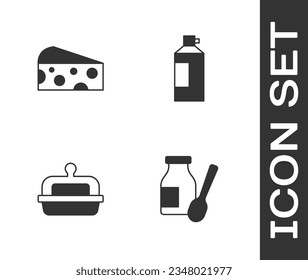 Set Drinking yogurt in bottle, Cheese, Butter a butter dish and Whipped cream icon. Vector