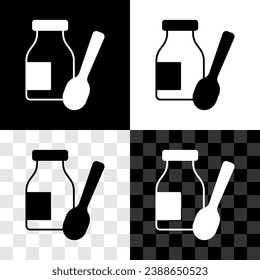Set Drinking yogurt in bottle with spoon icon isolated on black and white, transparent background.  Vector