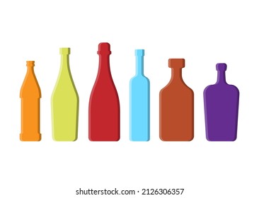 Set drinks. Alcoholic bottle. Beer vermouth red wine vodka rum liquor. Simple shape isolated with shadow and light. Colored illustration on white background. Flat design style. Vector.
