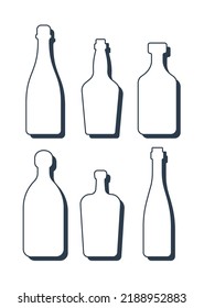 Set drinks. Alcoholic bottle. Champagne whiskey rum tequila liquor wine . Simple shape isolated with shadow and light. Colored illustration on white background. Flat design style. Vector.
