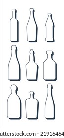 Set drinks. Alcoholic bottle. Vodka vermouth beer champagne whiskey rum tequila liquor wine. Simple shape isolated with shadow and light. Black white illustration. Flat design style. Vector.
