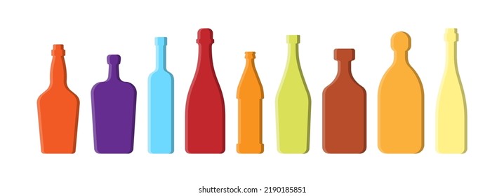 Set drinks. Alcoholic bottle. Whiskey liquor vodka red wine beer vermouth rum tequila champagne. Simple shape isolated with shadow and light. Colored illustration on white background. Flat style