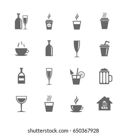 Set of Drinks, Beer and Cocktails icons. Coffee, Tea and Alcohol drinks. Wine bottle, Glass and Bar symbols. Isolated flat icons set on white background. Vector
