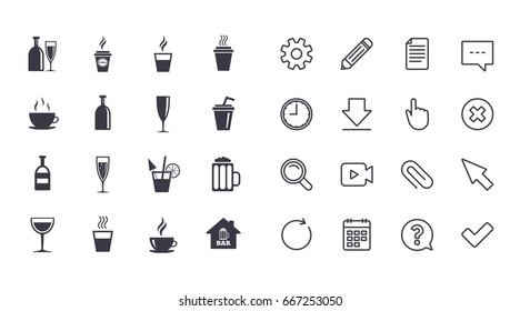 Set of Drinks, Beer and Cocktails icons. Coffee, Tea and Alcohol drinks. Wine bottle, Glass and Bar symbols. Calendar, Document and Download line signs. Pencil, Service and Search icons. Vector