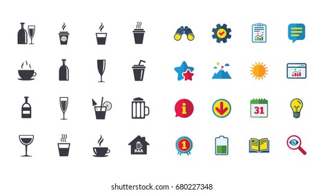 Set of Drinks, Beer and Cocktails icons. Coffee, Tea and Alcohol drinks. Wine bottle, Glass and Bar symbols. Calendar, Report and Browser window signs. Stars, Service and Download icons. Vector