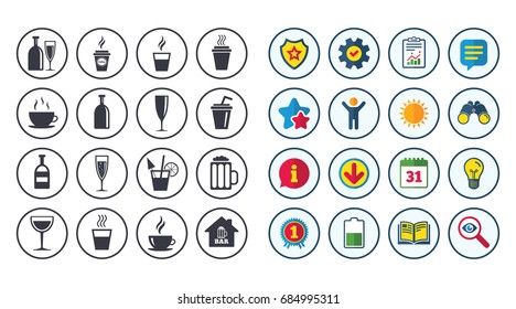 Set of Drinks, Beer and Cocktails icons. Coffee, Tea and Alcohol drinks. Wine bottle, Glass and Bar symbols. Calendar, Report and Book signs. Stars, Service and Download icons. Vector