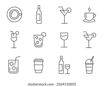 set of drinks and beverages line icons 