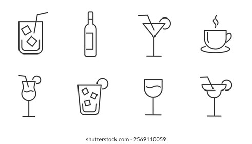 set of drinks and beverages line icons 