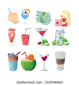 Set of drinks and beverages. tea, herbal tea, hot chocolate, latte, mate, coffee, root beer, smoothie, juice, milk shakes, lemonade .Vector illustration of variety of drinks, isolated on white