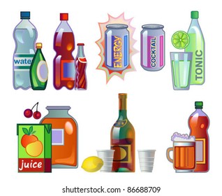 Set of drinks in bottles and cans