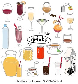 Un conjunto de bebidas en colores brillantes con un contorno negro. Hay bebidas mono, alcohólicas y no alcohólicas. Adecuado para profesores, educadores, planificación de menús y diseño de Sitios web. Ilustración vectorial