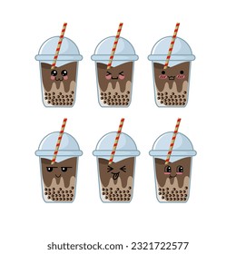 Set of Drinks Bubble Milk Tea or Coffee White Background. Pearl Milk Tea, Yummy Boba Drink in a Glass or Plastic Cup, Graphic Design Collection, Cartoon Vector Illustration