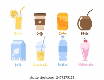 Set of drinks. A carton of milk, juice, soda, coffee, milkshake, water. Flat vector illustration.