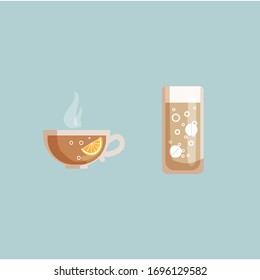 
Set of drinks for colds isolated on a white background. Lemon tea and soluble tablets