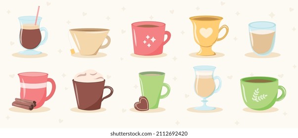 El conjunto de bebidas. Colección de diferentes tazas con café y té. Bebidas de la mañana para la vivacidad y la energía. Etiquetas para redes sociales. Ilustraciones de caricaturas de vectores planos aisladas en fondo blanco