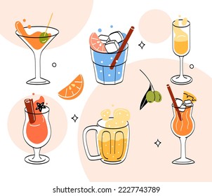 Set of drinks. Collection of fruit cocktails, symbols of summer season, vacation and relaxation in tropical and exotic countries. Cartoon flat vector illustrations isolated on beige background